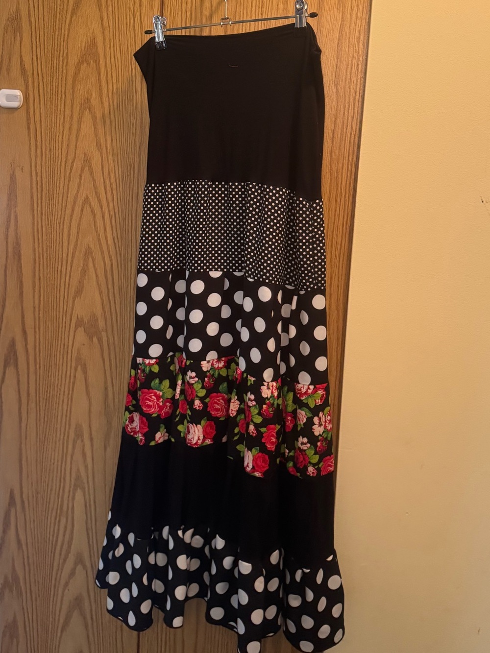 Black Maxi Skirt with Polka Dots and Floral Panels (authentic flamenco skirt)